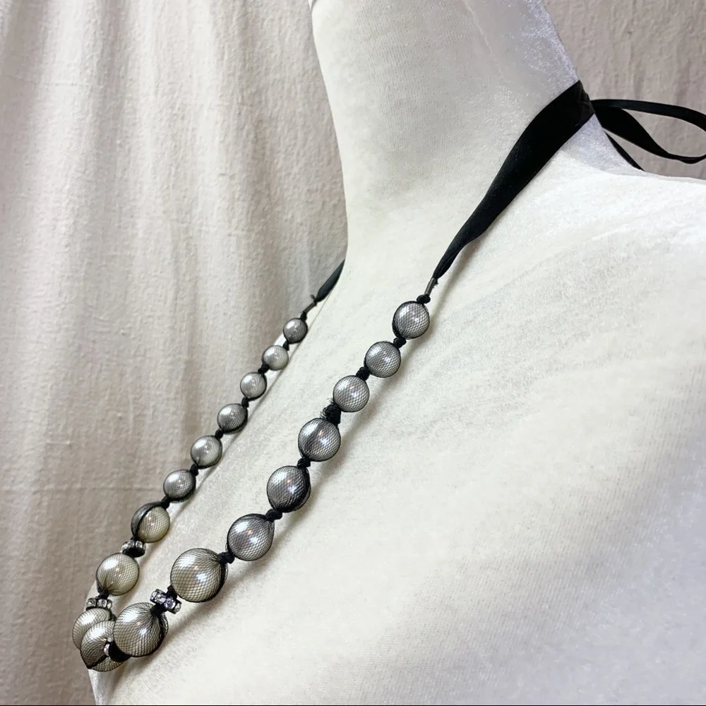 Black Satin Ribbon Mesh Faux Pearl Necklace